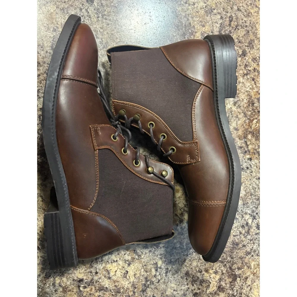 Mens Brown Cap Toe Lace Up Combat Boots Mixed Material Roll Boot B 10.5M